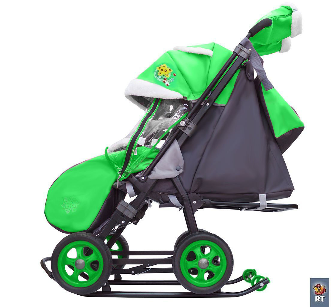 Санки-коляска Snow Galaxy City-1, дизайн - Серый Зайка на зелёном, на больших колёсах Ева с сумкой и варежками  
